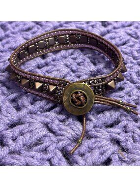 Plastic Beaded Studded Bracelet Brown Cord Neutral Boho Button Clasp 8 inches